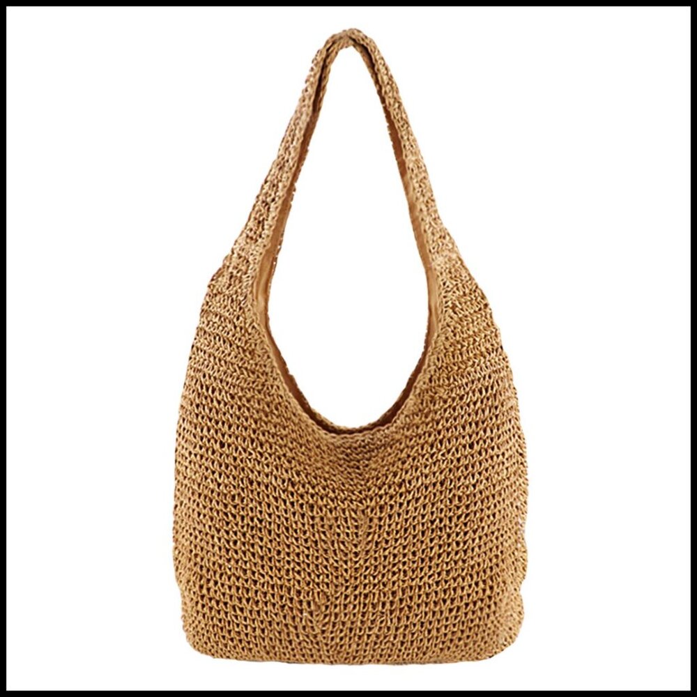 Handwoven Straw Shoulder Bag Large Tote Zipper Closure Boho Beach Chic